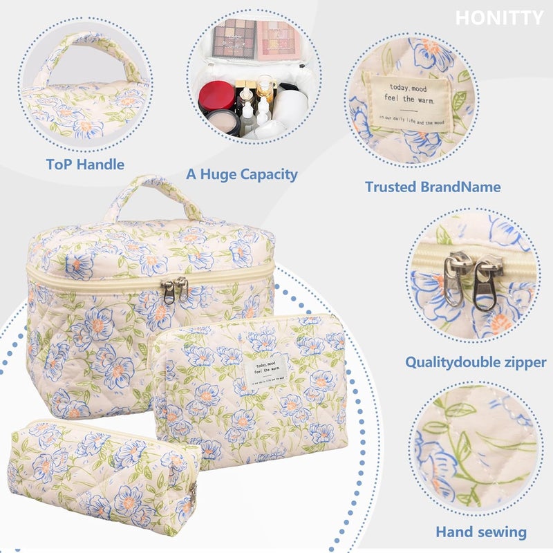 honitty Makeup Bag,Quilted Cosmetic Bags,Large Floral Make Up Organize bag,Makeup Bag Set for Women,Flower Travel Toiletry Bag - Image 3